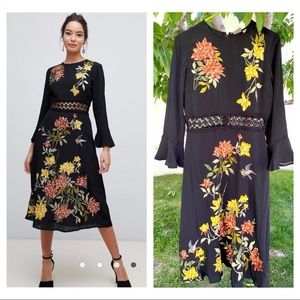 NWT Floral Embroidered Midi Dress w/ Lace Inserts